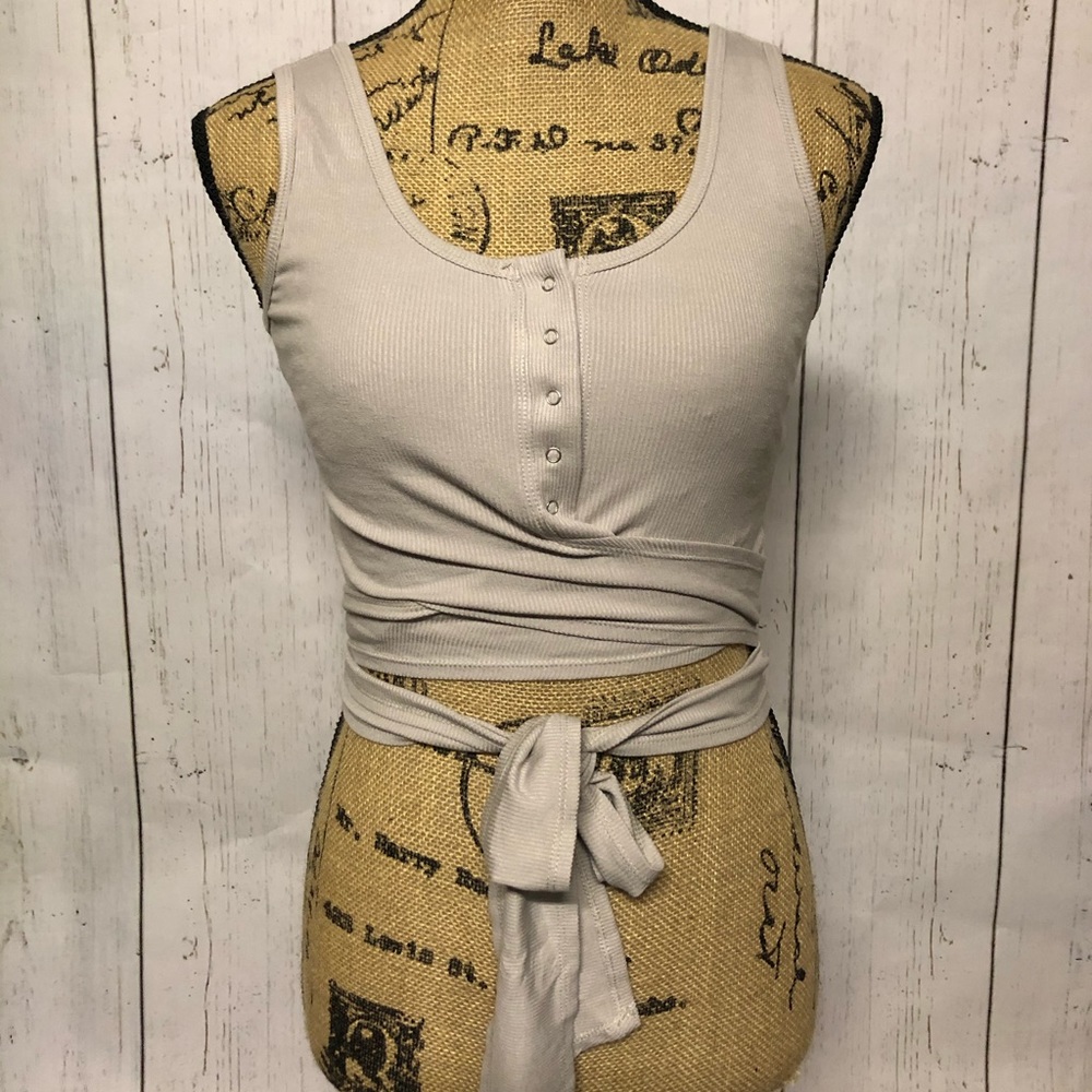 Wrap Around Ribbed Button Tank - Taupe
